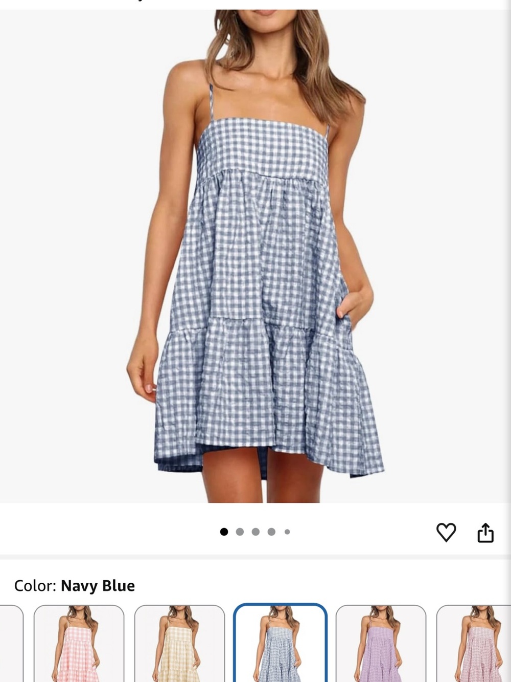 Navy Blue Gingham Tiered Mini Dress with Spaghetti Straps